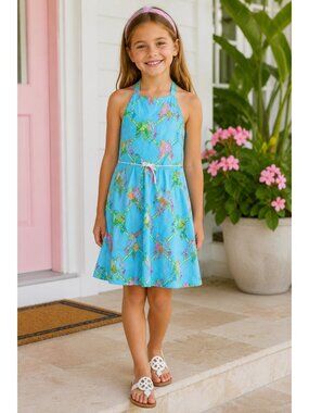 Vtg Lilly Pulitzer Girl Size 8 Sleeveless Dress Parrot Tropical Bird Aqua Cotton